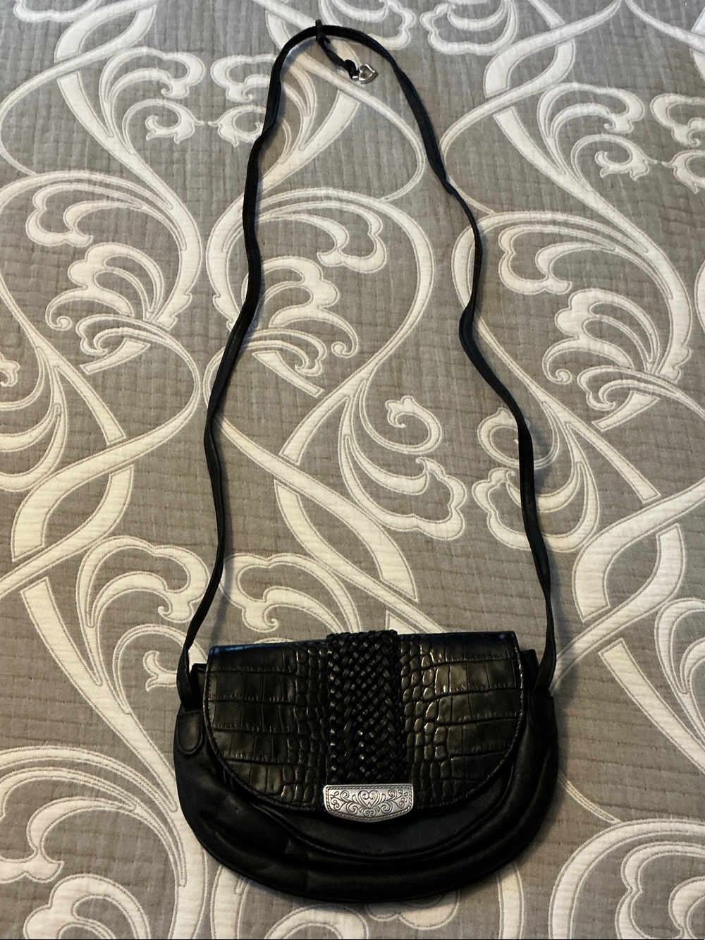 Black Croc-Embossed Western-Style Crossbody Bag